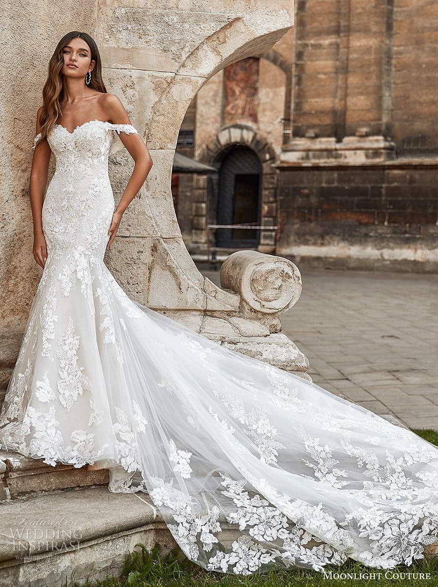 moonlight couture spring 2021 bridal off shoulder straps sweetheart neckline fully emebellished lace fit flare mermaid wedding dress cathedral train (6) mv