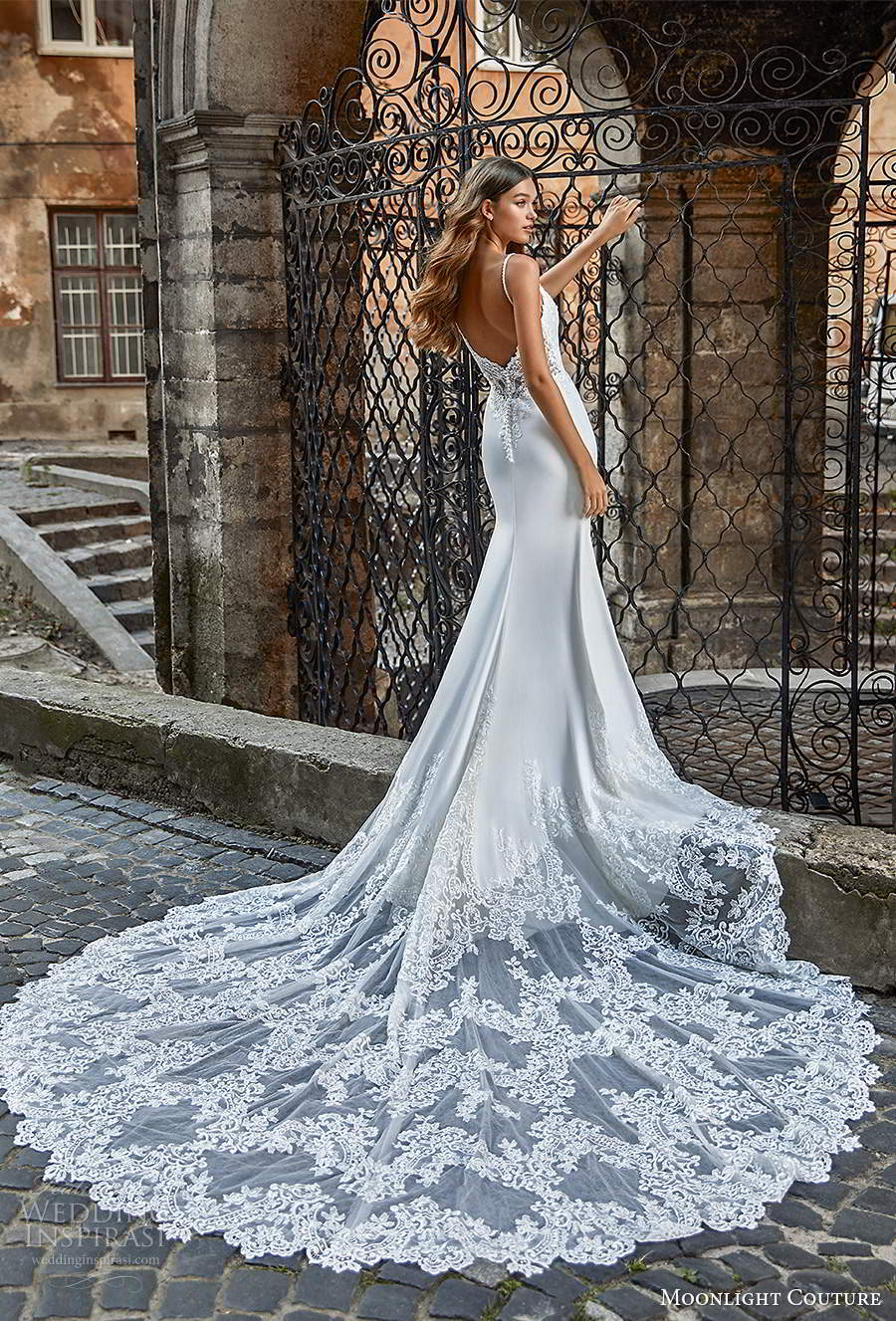 moonlight couture spring 2021 bridal sleeveless spaghetti straps embellished sweetheart neckline slip sheath wedding dress lace cathedral train (8) bv