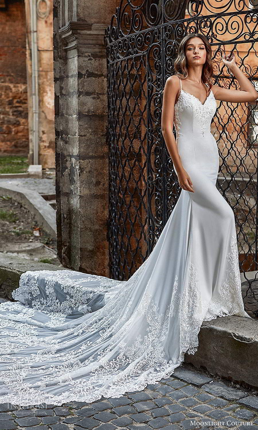 moonlight couture spring 2021 bridal sleeveless spaghetti straps embellished sweetheart neckline slip sheath wedding dress lace cathedral train (8) fv