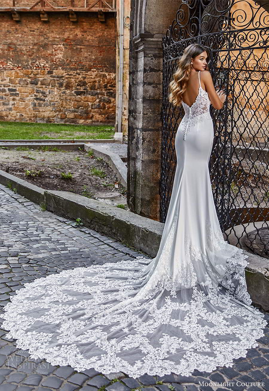 moonlight couture spring 2021 bridal sleeveless spaghetti straps sweetheart neckline embellished bodice slip sheath wedding dress lace cathedral train (10) bv