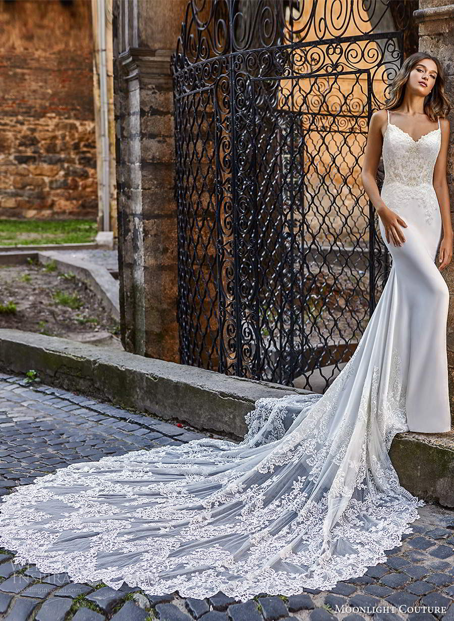 moonlight couture spring 2021 bridal sleeveless spaghetti straps sweetheart neckline embellished bodice slip sheath wedding dress lace cathedral train (10) mv
