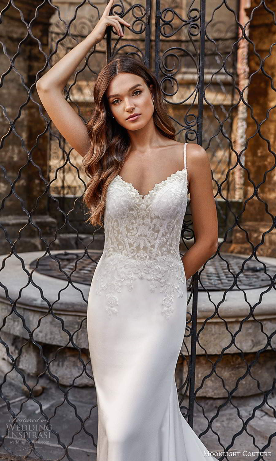 moonlight couture spring 2021 bridal sleeveless spaghetti straps sweetheart neckline embellished bodice slip sheath wedding dress lace cathedral train (10) zv