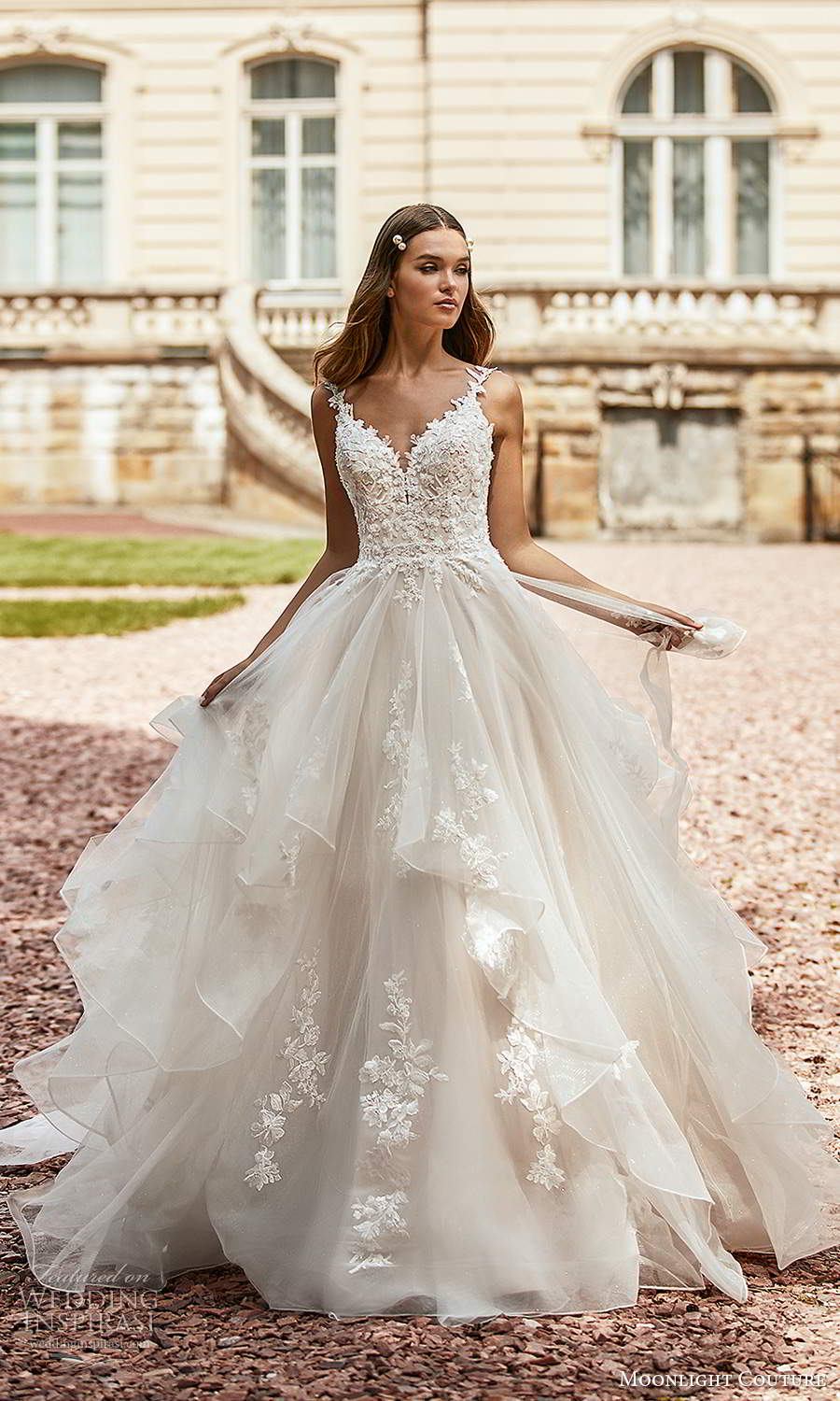 moonlight couture spring 2021 bridal sleeveless straps heavily embellished lace bodice a line ball gown wedding dress tiered skirt chapel train (5) mv