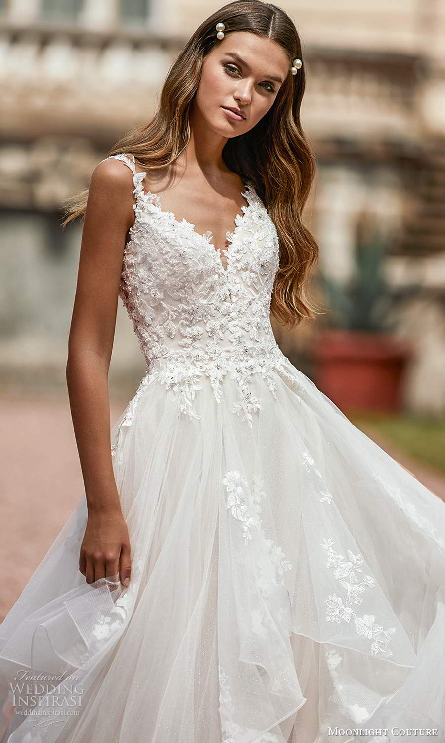 moonlight couture spring 2021 bridal sleeveless straps heavily embellished lace bodice a line ball gown wedding dress tiered skirt chapel train (5) zv