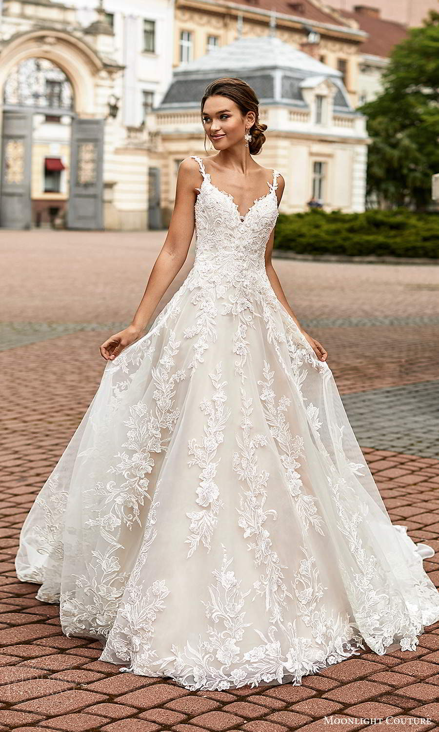 moonlight couture spring 2021 bridal sleeveless straps sweetheart neckline fully embellished a line ball gown wedding dress chapel train (4) mv