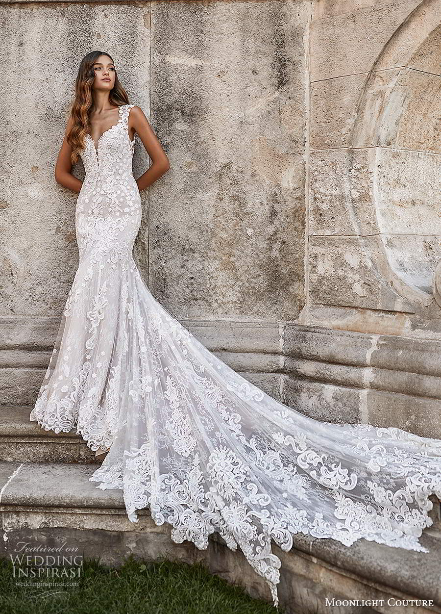 moonlight couture spring 2021 bridal sleeveless thick straps plunging sweetheart neckline fully embellished lace trumpet sheath mermaid wedding dress cathedral train (9) mv