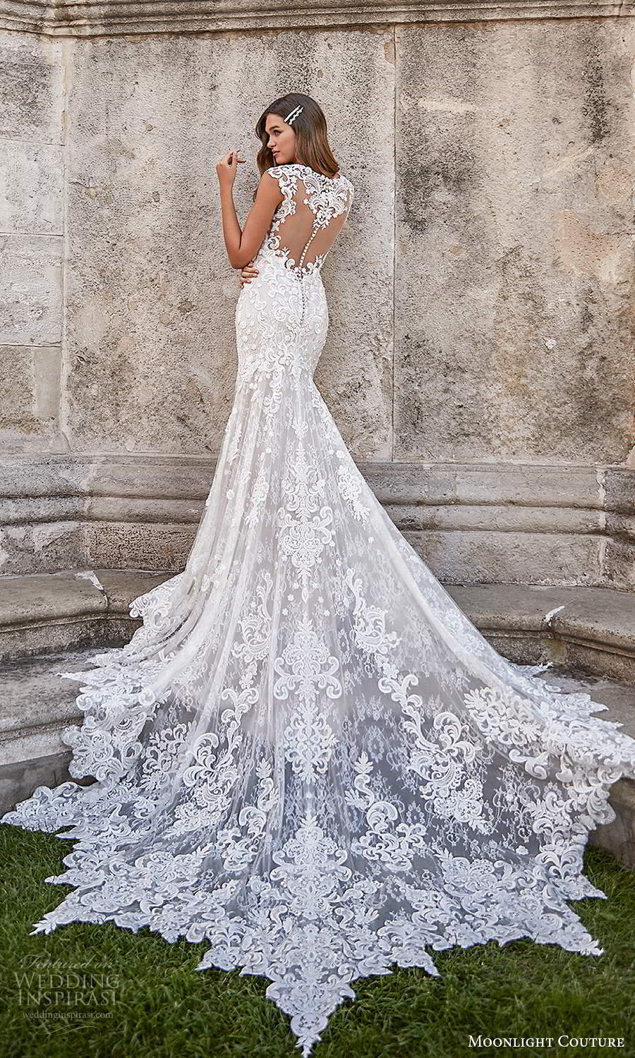 moonlight couture spring 2021 bridal sleeveless thick straps plunging sweetheart neckline fully embellished lace trumpet sheath mermaid wedding dress cathedral train illusion back (9) bv