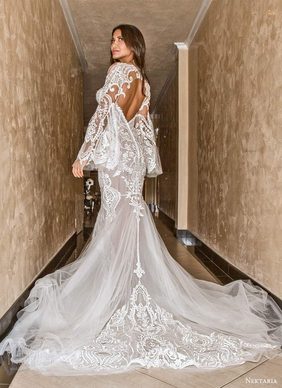 nektaria 2020 bridal long flare sleeves sweetheart neckline fit flare mermaid wedding dress chapel train keyhole back (1) bv nektaria 2020 bridal long flare sleeves sweetheart neckline fit flare mermaid wedding dress chapel train keyhole back (1) bv