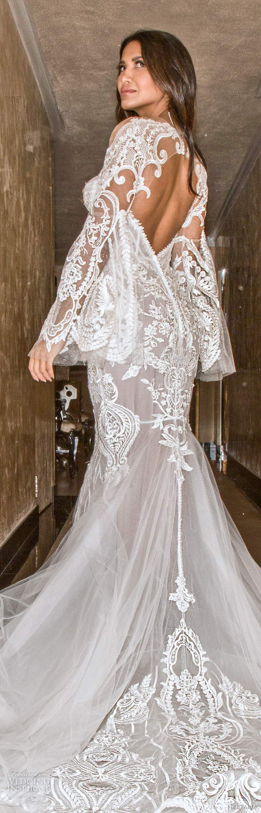nektaria 2020 bridal long flare sleeves sweetheart neckline fit flare mermaid wedding dress chapel train keyhole back (1) lbv nektaria 2020 bridal long flare sleeves sweetheart neckline fit flare mermaid wedding dress chapel train keyhole back (1) lbv