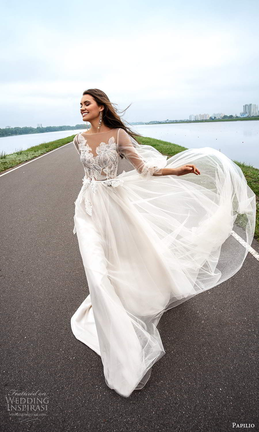 papili 2020 freedom bridal sheer long bishop sleeves illusion sweethaert neckline embellished bodice a line ball gown wedding dress chapel train (10) mv