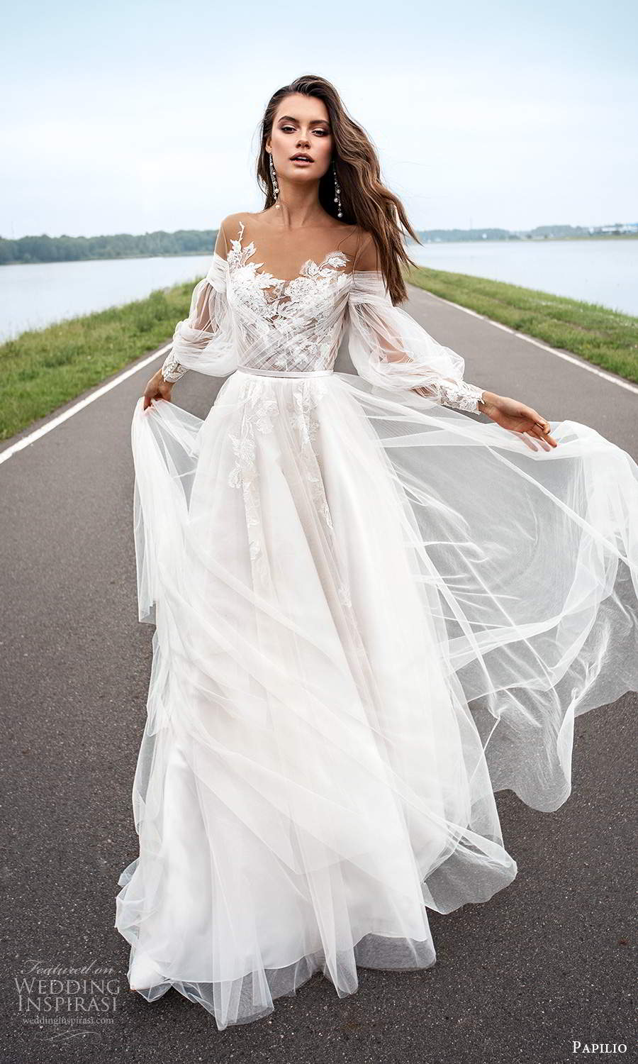 papili 2020 freedom bridal sheer long bishop sleeves illusion sweethaert neckline embellished bodice a line ball gown wedding dress chapel train (9) mv