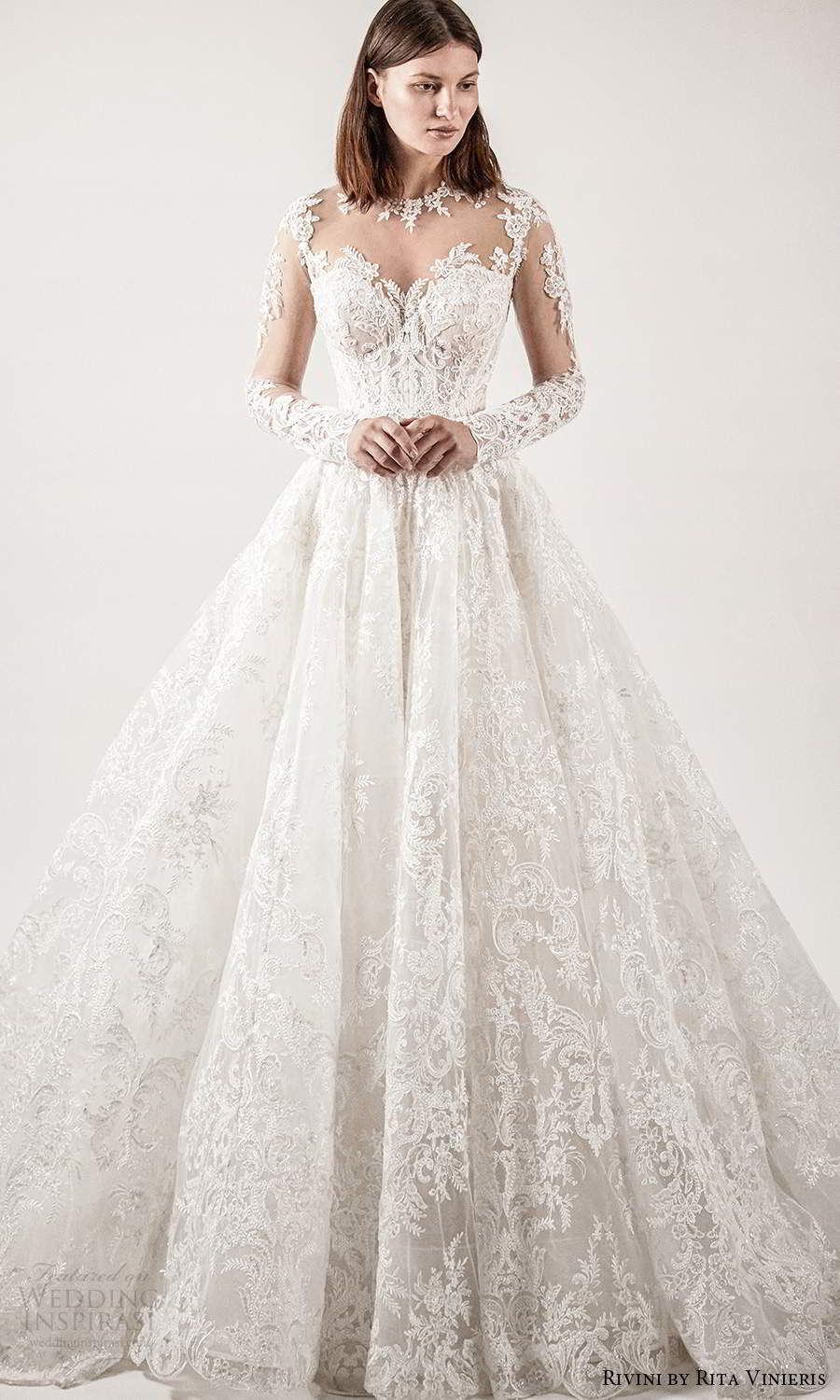 rivini rita vinieris spring 2021 bridal illusion long sleeves sheer jewel sweetheart neckline fully embellished lace a line ball gown wedding dress chapel train (1) mv