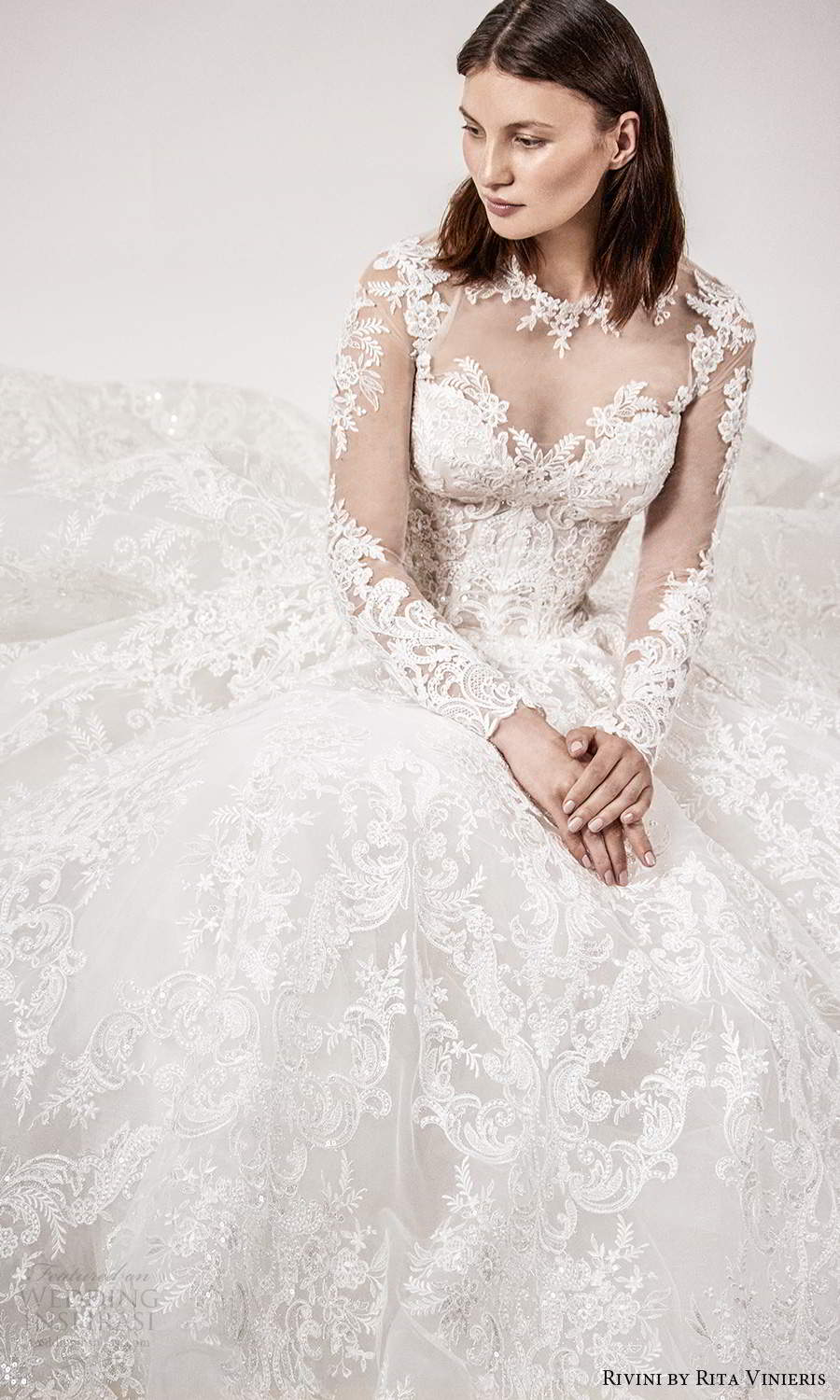 rivini rita vinieris spring 2021 bridal illusion long sleeves sheer jewel sweetheart neckline fully embellished lace a line ball gown wedding dress chapel train (1) zv 