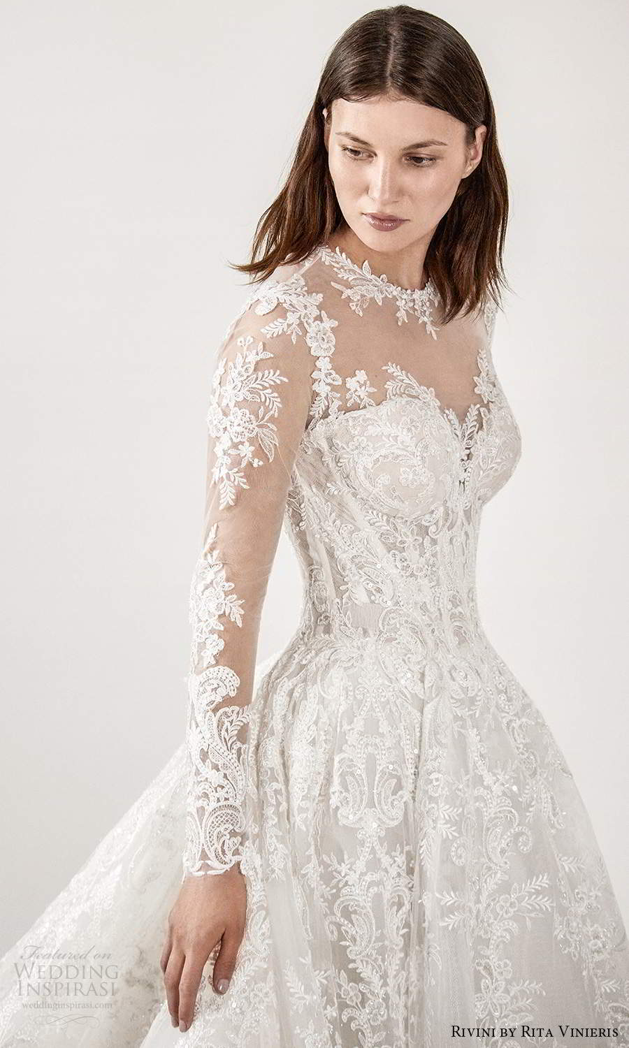 rivini rita vinieris spring 2021 bridal illusion long sleeves sheer jewel sweetheart neckline fully embellished lace a line ball gown wedding dress chapel train (1) zv