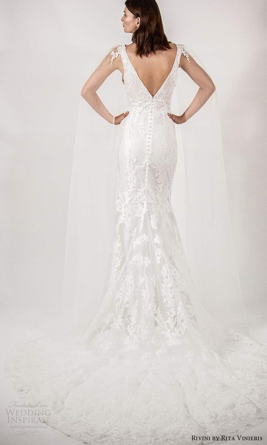 rivini rita vinieris spring 2021 bridal illusion split long sleeves thick straps plunging v neckline fully embellished lace sheath wedding dress chapel train (5) bv