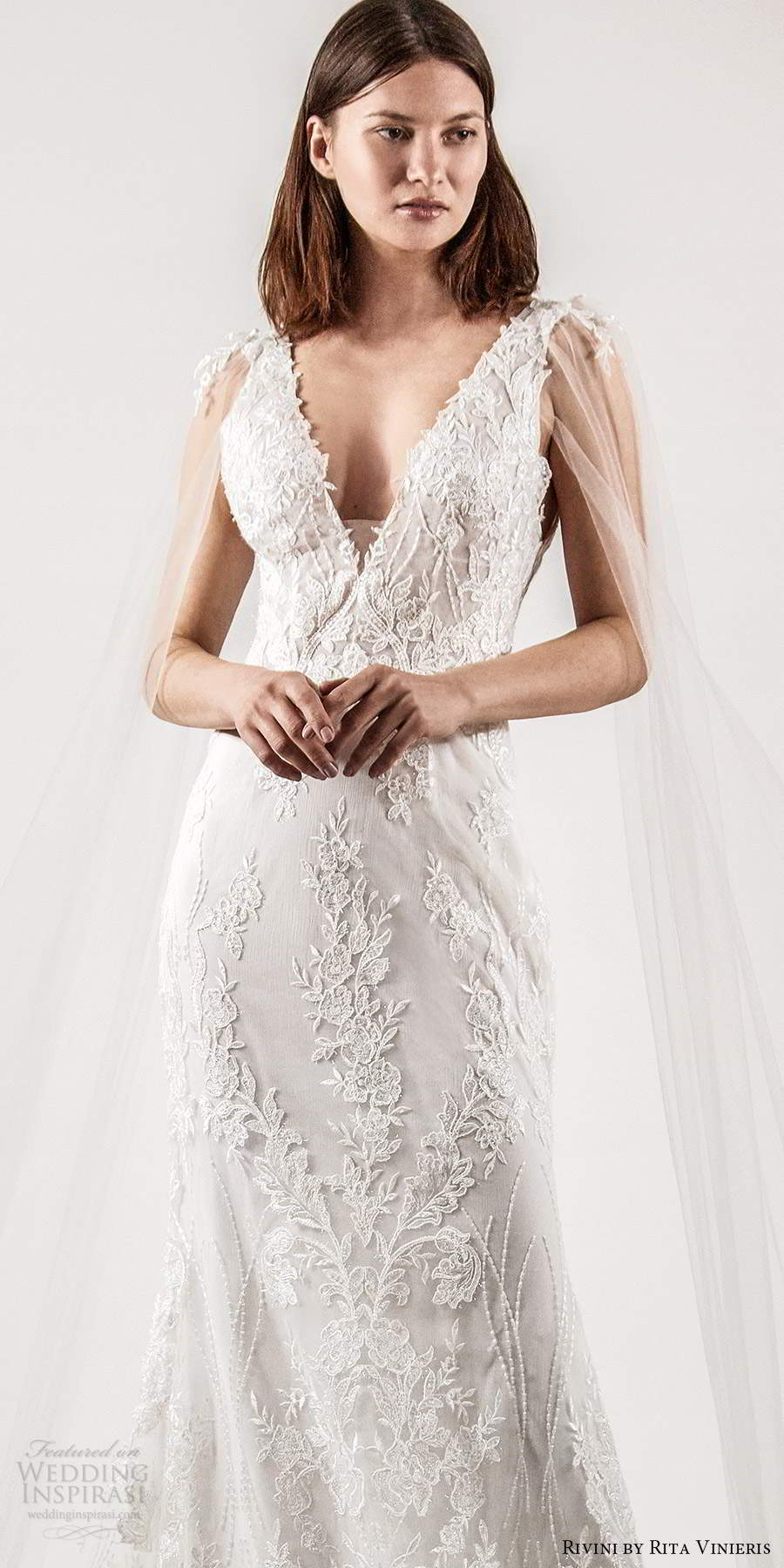 rivini rita vinieris spring 2021 bridal illusion split long sleeves thick straps plunging v neckline fully embellished lace sheath wedding dress chapel train (5) lv