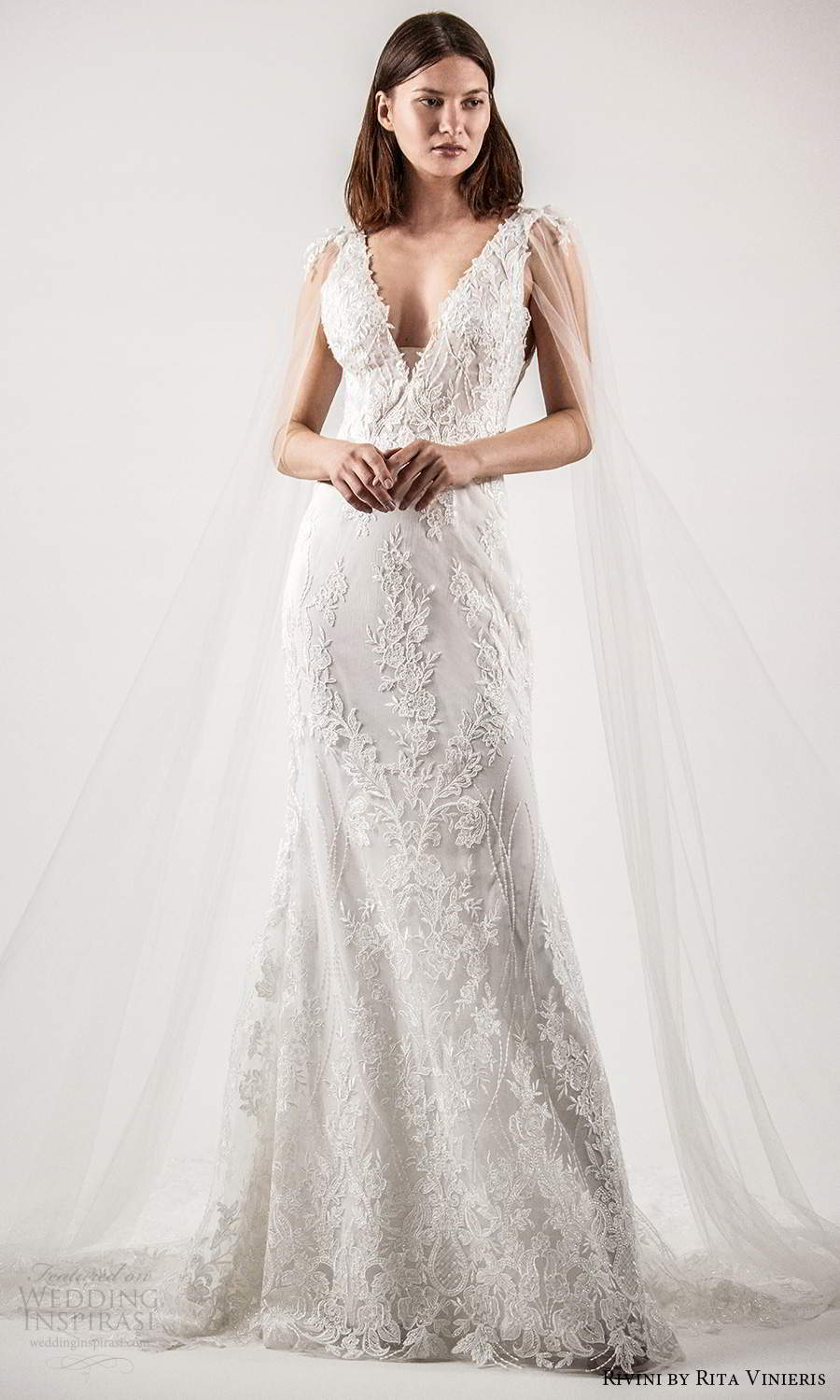 rivini rita vinieris spring 2021 bridal illusion split long sleeves thick straps plunging v neckline fully embellished lace sheath wedding dress chapel train (5) mv