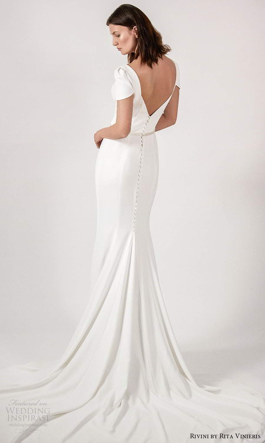 rivini rita vinieris spring 2021 bridal short sleeves queen anne neckline clean minimalist fit flare trumpet a line wedding dress chapel train (3) bv