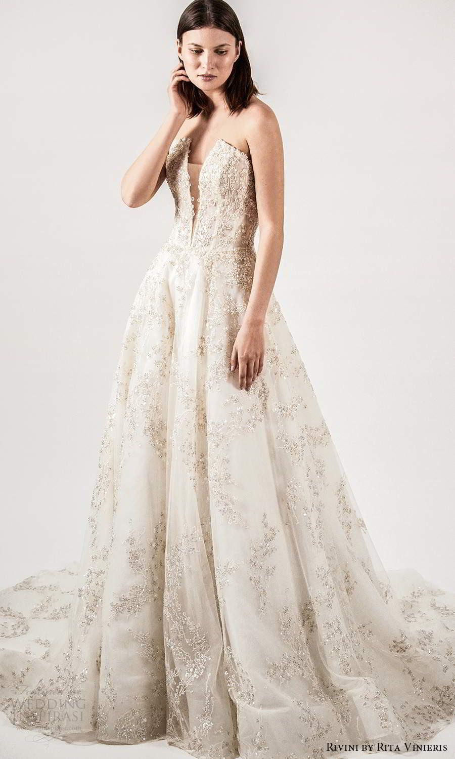 rivini rita vinieris spring 2021 bridal strapless straight across split neckline fully embellished a line ball gown wedding dress champagne chapel train (4) mv