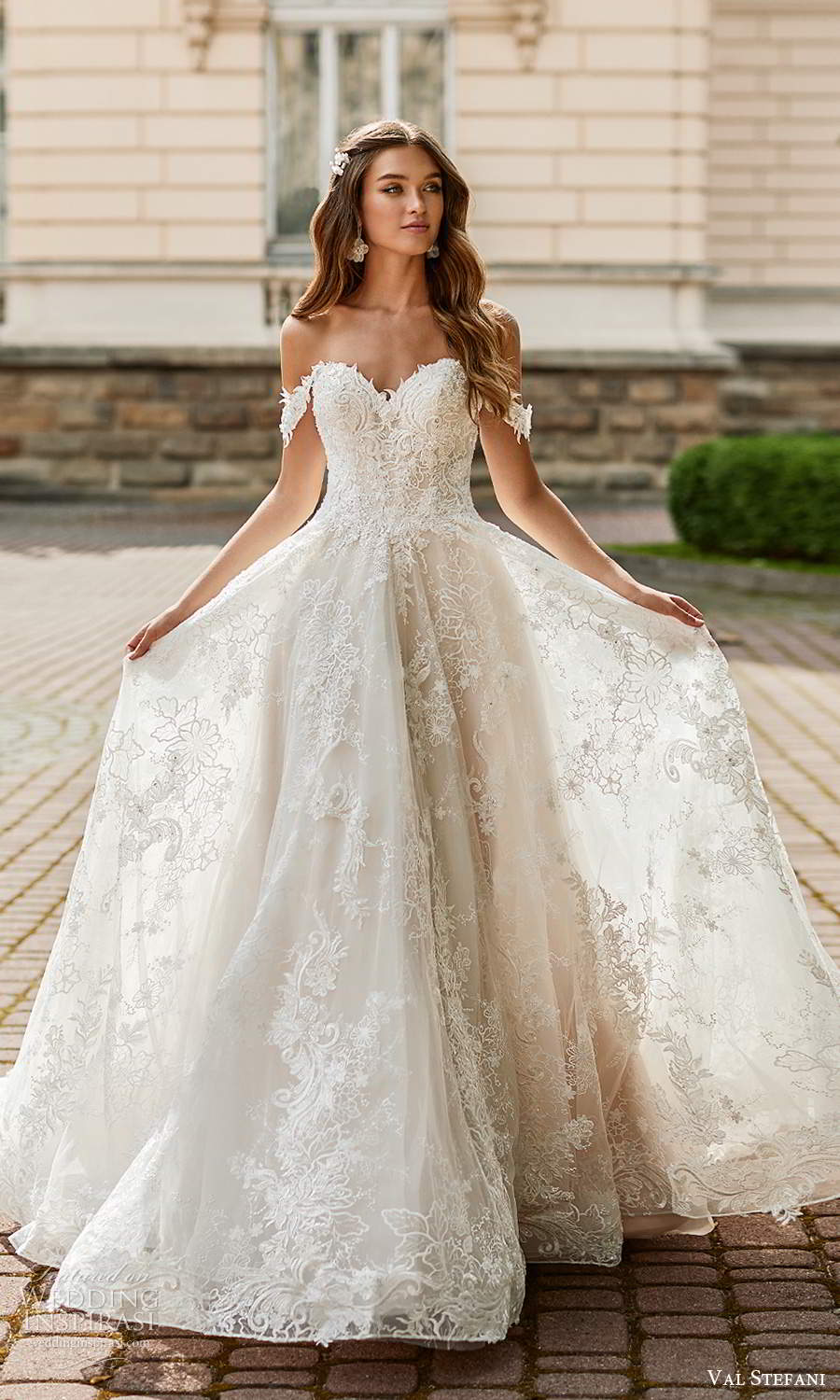 val stefani spring 2021 bridal off shoulder straps sweetheart neckline fully embellished a line ball gown wedding dress chapel train (8) mv