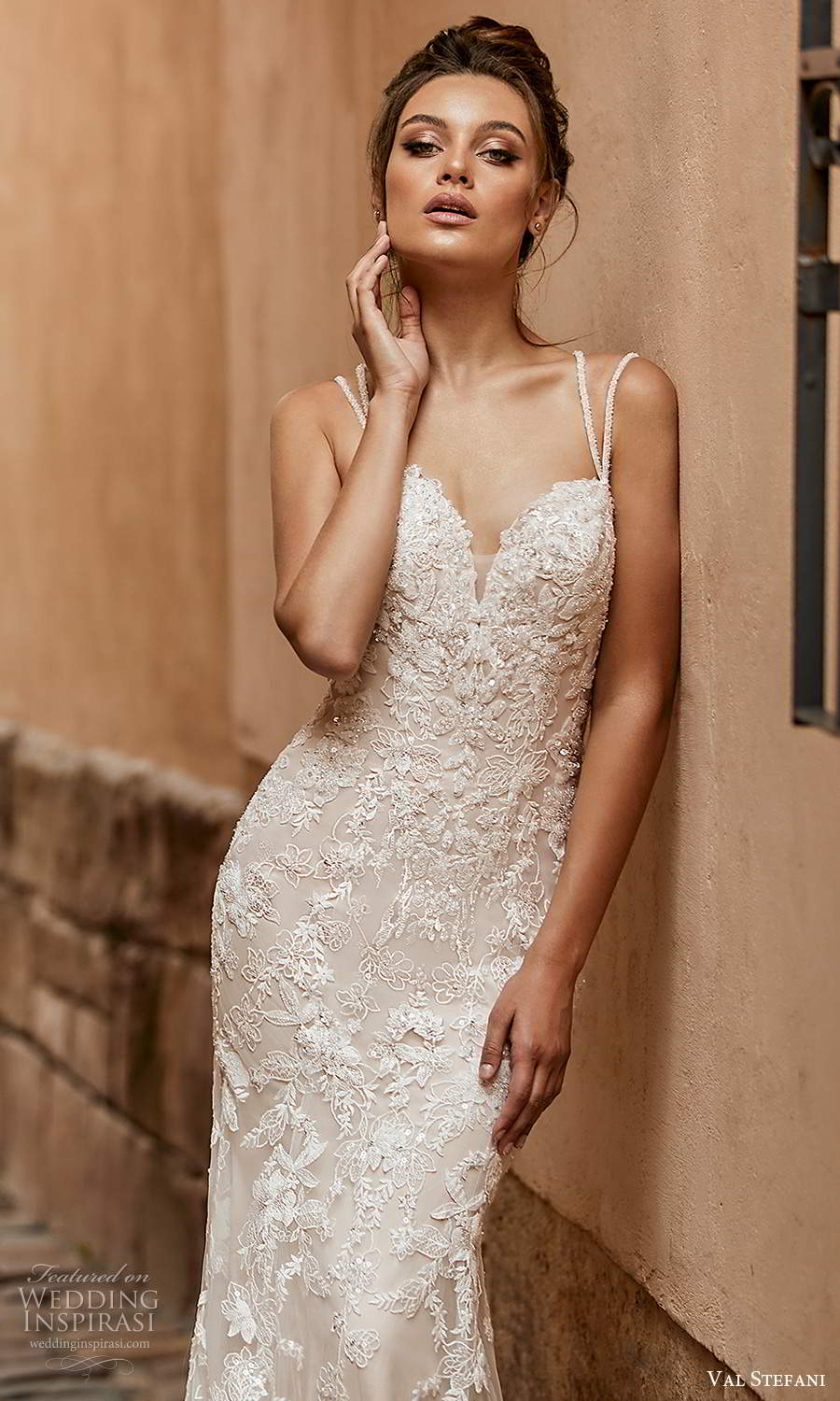 val stefani spring 2021 bridal sleeveless double straps sweetheart neckline fully embellished fit flare mermaid wedding dress chapel train (1) zv