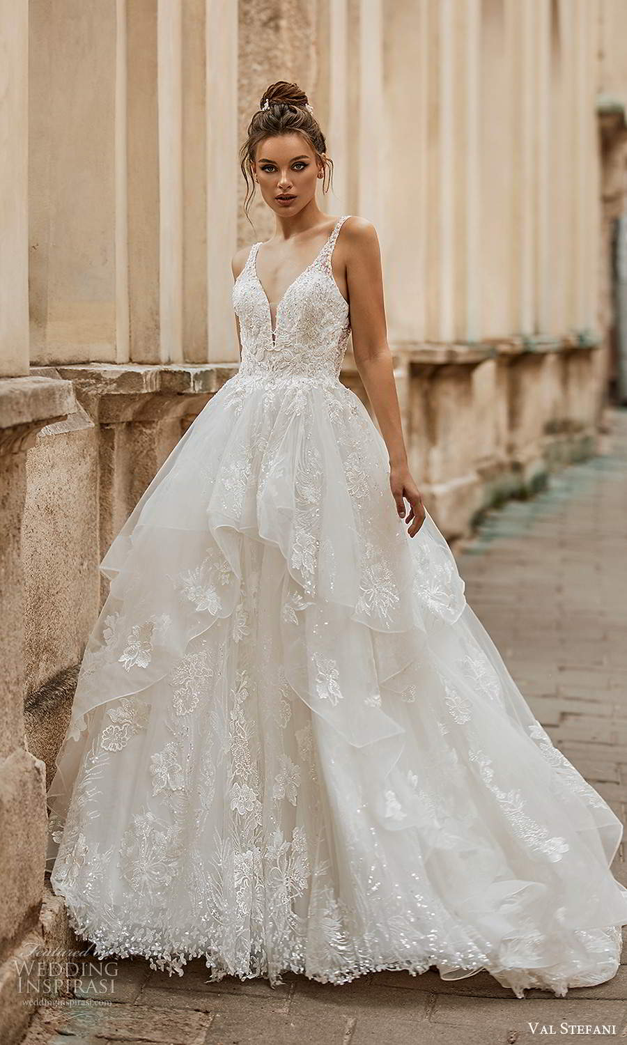 val stefani spring 2021 bridal sleeveless straps plunging v neckline embellished a line ball gown wedding dress tiered skirt chapel train (3) mv