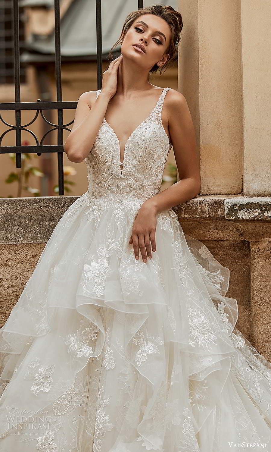 val stefani spring 2021 bridal sleeveless straps plunging v neckline embellished a line ball gown wedding dress tiered skirt chapel train (3) zv