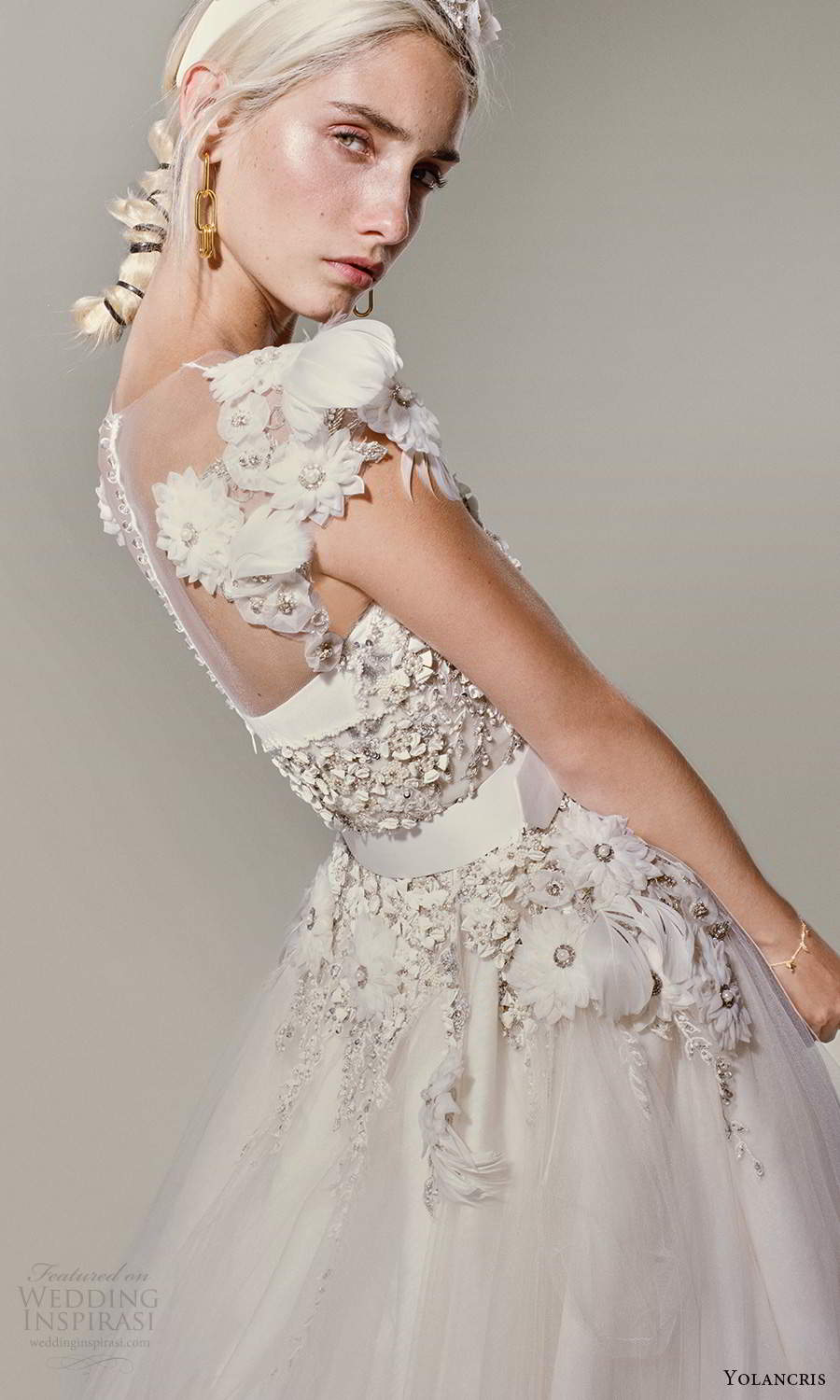 yolancris 2021 bridal cap sleeves sweetheart neckline heavily embellished bodice a line ball gown wedding dress (27) zsv