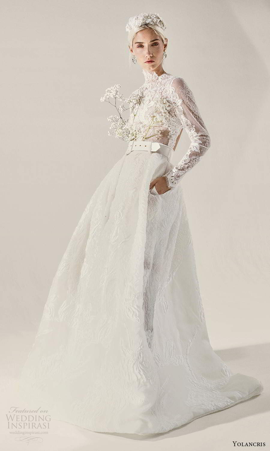 yolancris 2021 bridal illusion long sleeves high neckline sheer embellished lace bodice a line ball gown wedding dress chapel train (7) mv