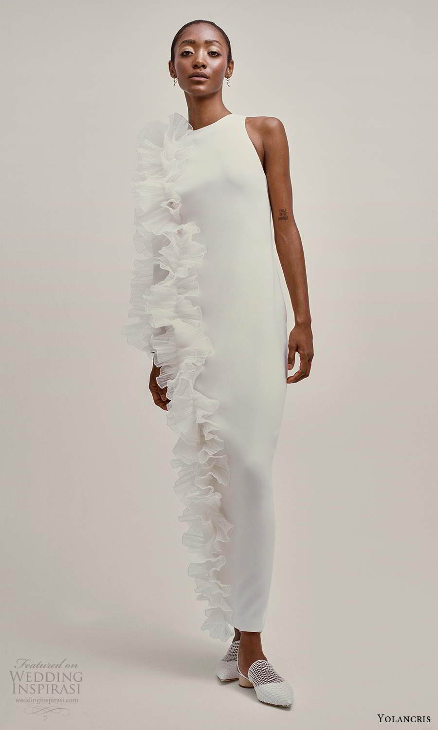 yolancris 2021 bridal sleeveless straps jewel neckline clean minimalist sheath wedding dress ruffle side (26) mv yolancris 2021 bridal sleeveless straps jewel neckline clean minimalist sheath wedding dress ruffle side (26) mv