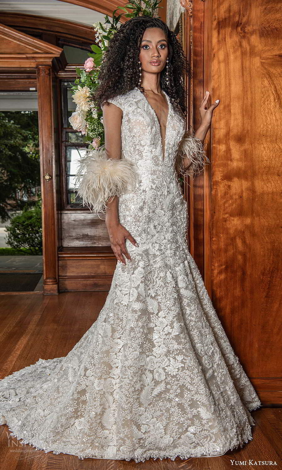 yumi katsura fall 2021 bridal cap sleeves plunging v neckline fully embellished trumpet mermaid wedding dress chapel train (4) mv