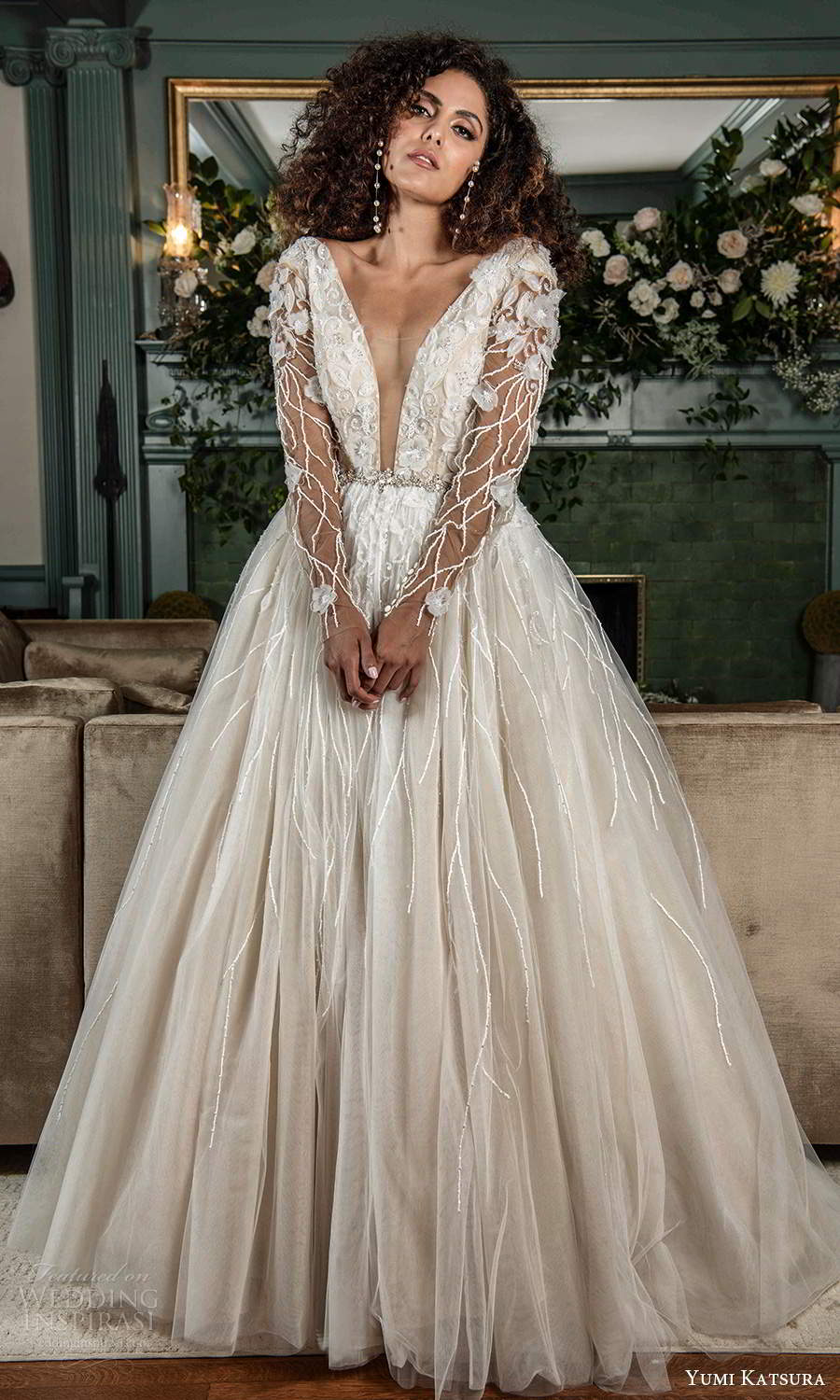 yumi katsura fall 2021 bridal illusion long sleeves plunging v neckline heavily embelilshed bodice a line ball gown wedding dress (12) mv