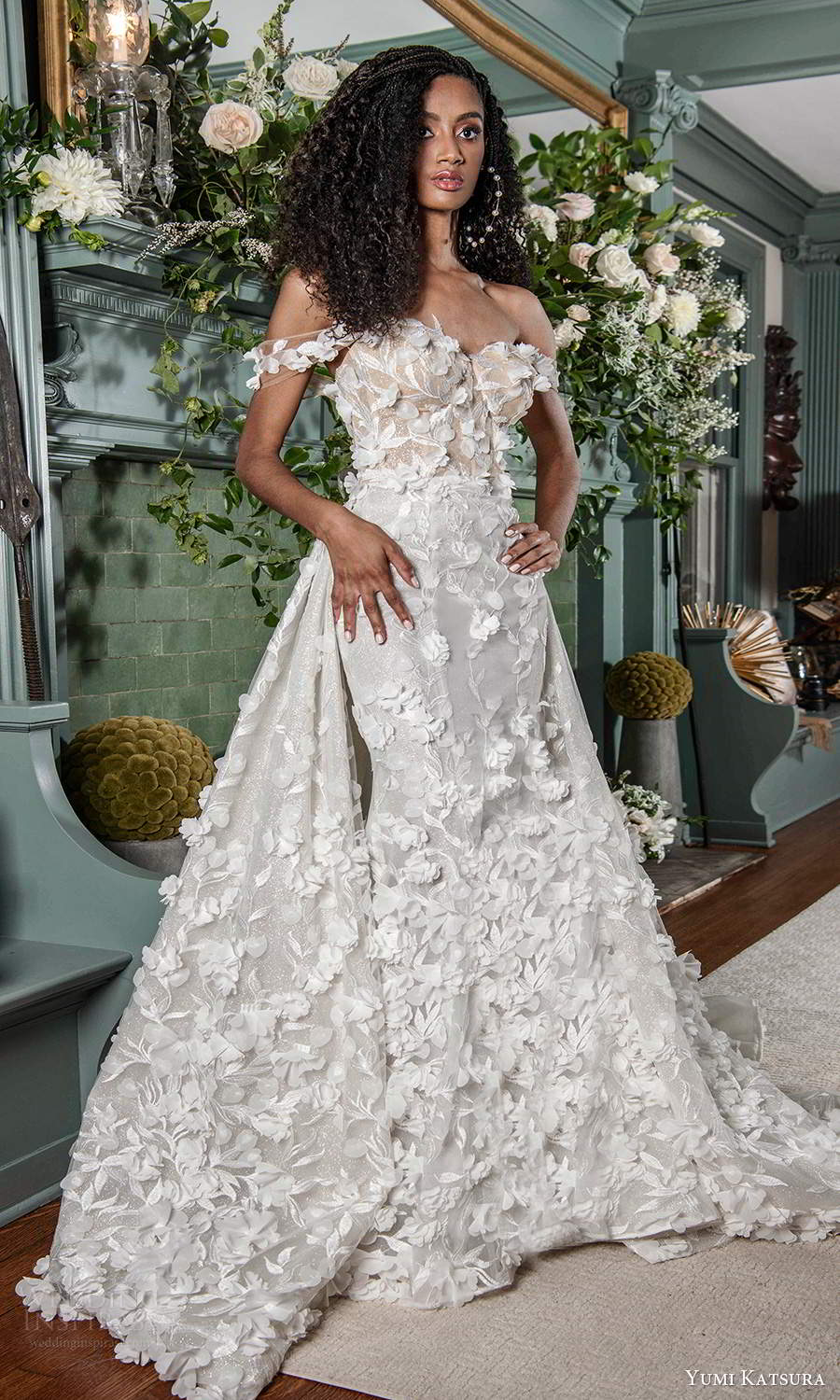 yumi katsura fall 2021 bridal off shoulder straps sweetheart neckline fully embellished mermaid wedding dress a line over skirt chapel train (2) mv