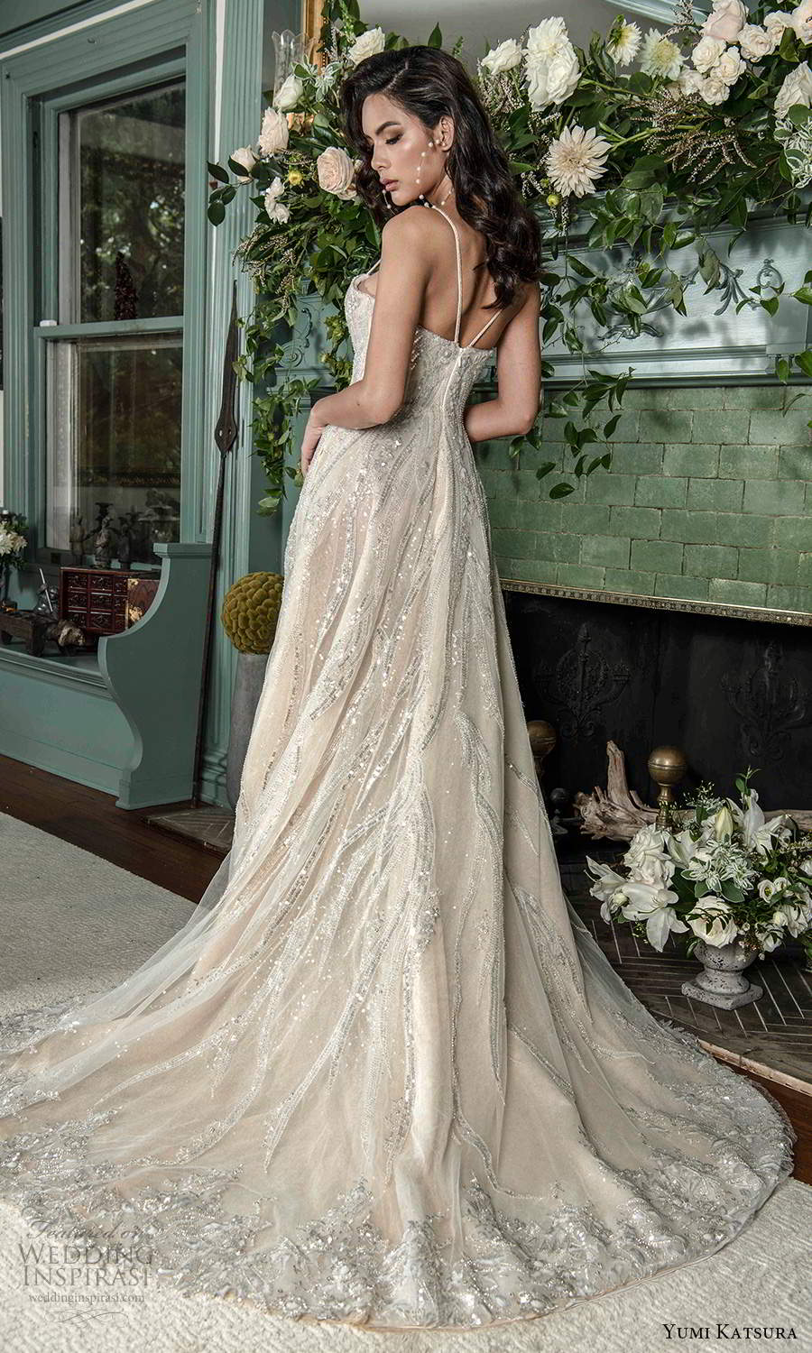 yumi katsura fall 2021 bridal sleeveless beaded straps semi sweetheart neckline fully embellished a line wedding dress slit skirt (13) bv