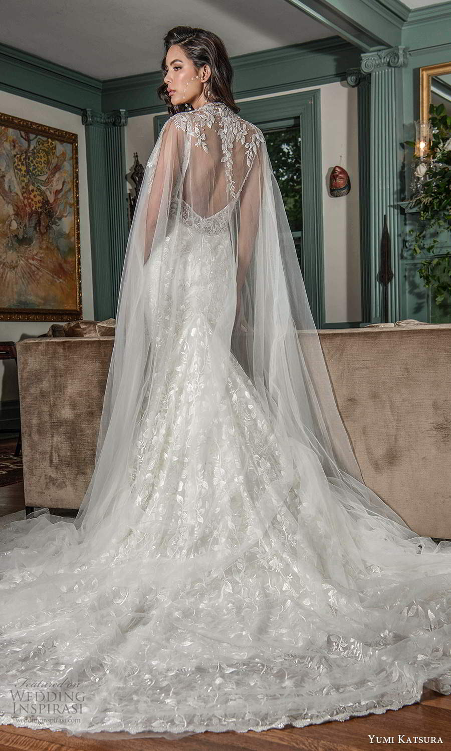 yumi katsura fall 2021 bridal sleeveless straps plunging v neckline fully embellished mermaid wedding dress chapel train sheer cape (3) bv