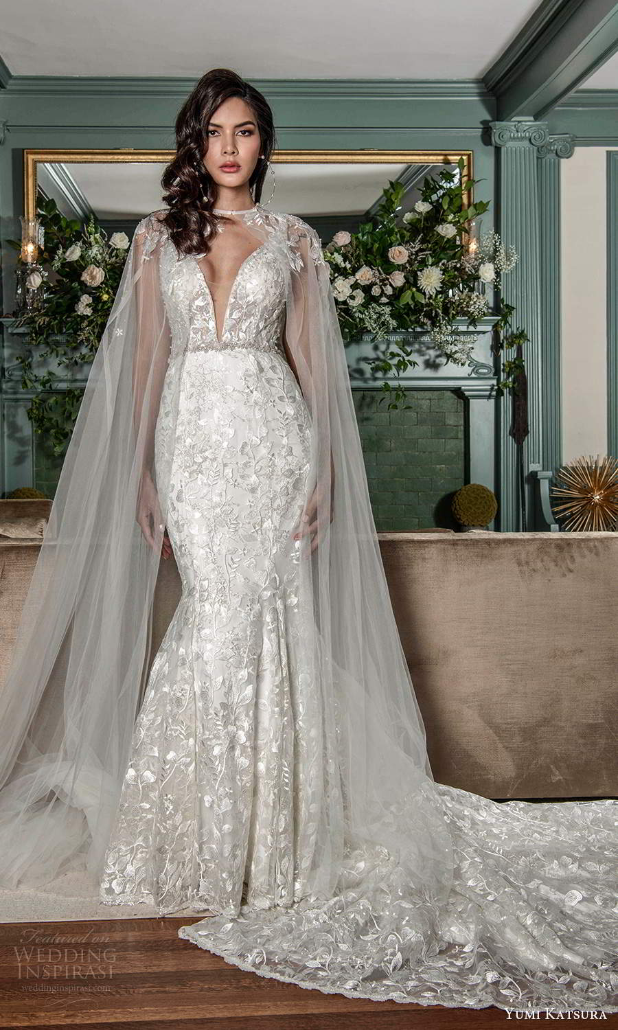 yumi katsura fall 2021 bridal sleeveless straps plunging v neckline fully embellished mermaid wedding dress chapel train sheer cape (3) mv yumi katsura fall 2021 bridal sleeveless straps plunging v neckline fully embellished mermaid wedding dress chapel train sheer cape (3) mv