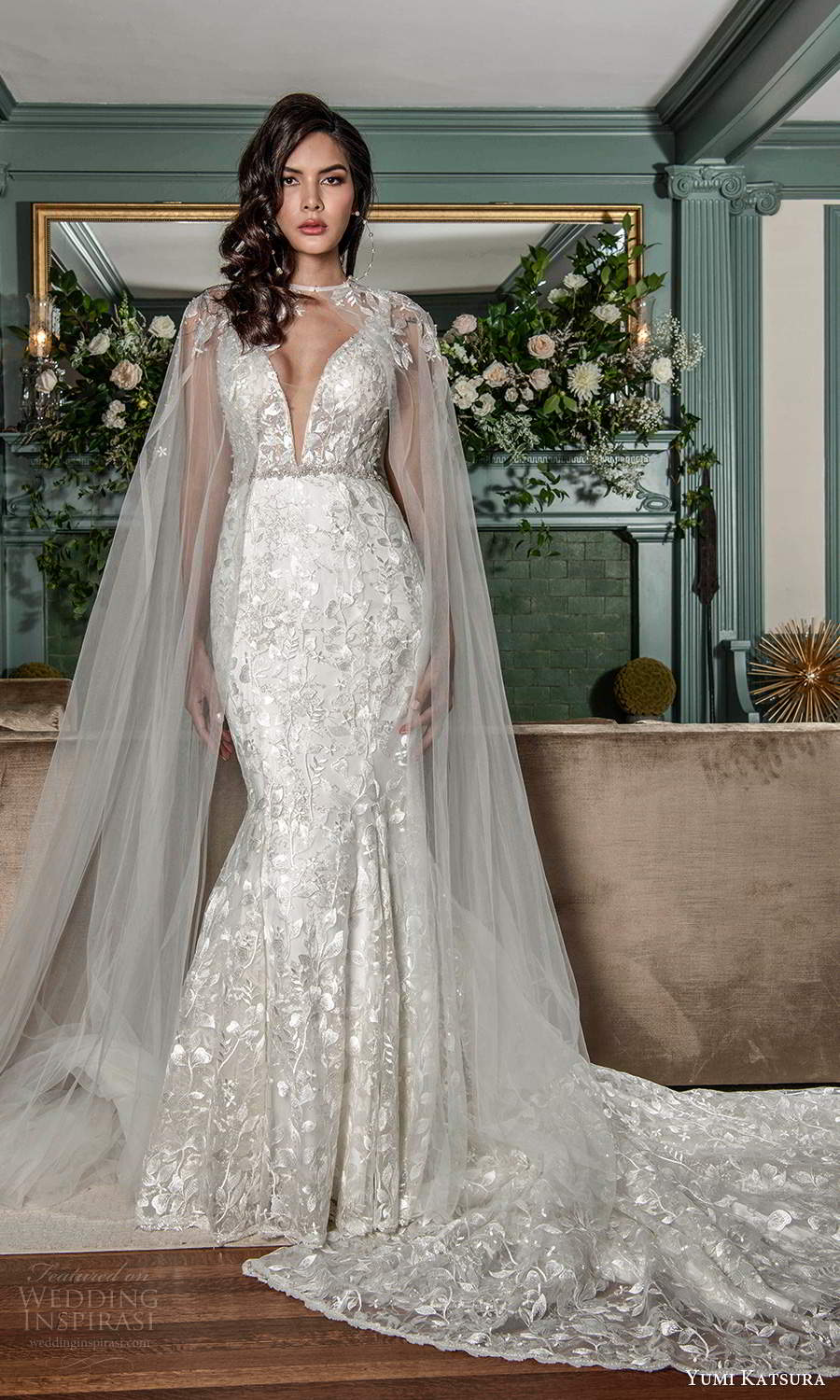 yumi katsura fall 2021 bridal sleeveless straps plunging v neckline fully embellished mermaid wedding dress chapel train sheer cape (3) mv