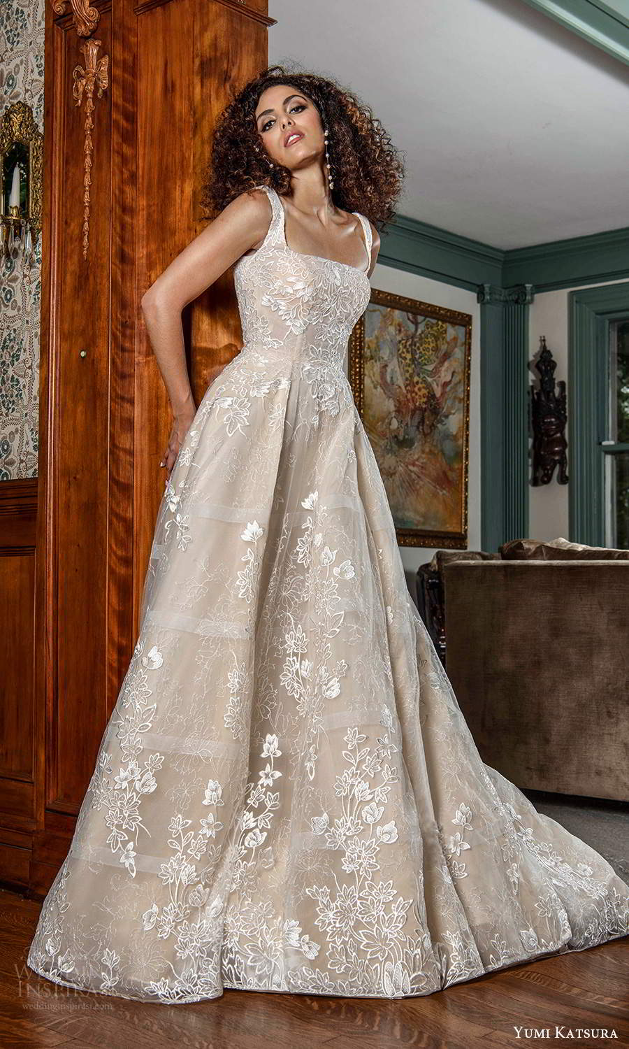 yumi katsura fall 2021 bridal sleeveless straps square neckline fully embellished a line ball gown wedding dress chapel train (20) mv