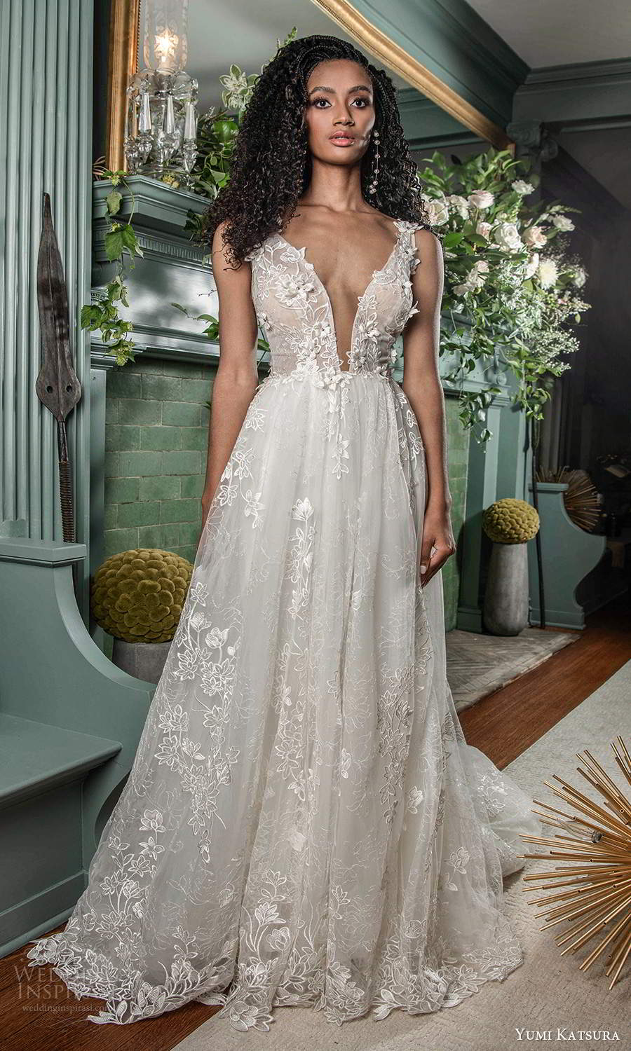 yumi katsura fall 2021 bridal sleeveless thick straps plunging v neckline fully embellished a line ball gown wedding dress chapel train (6) mv