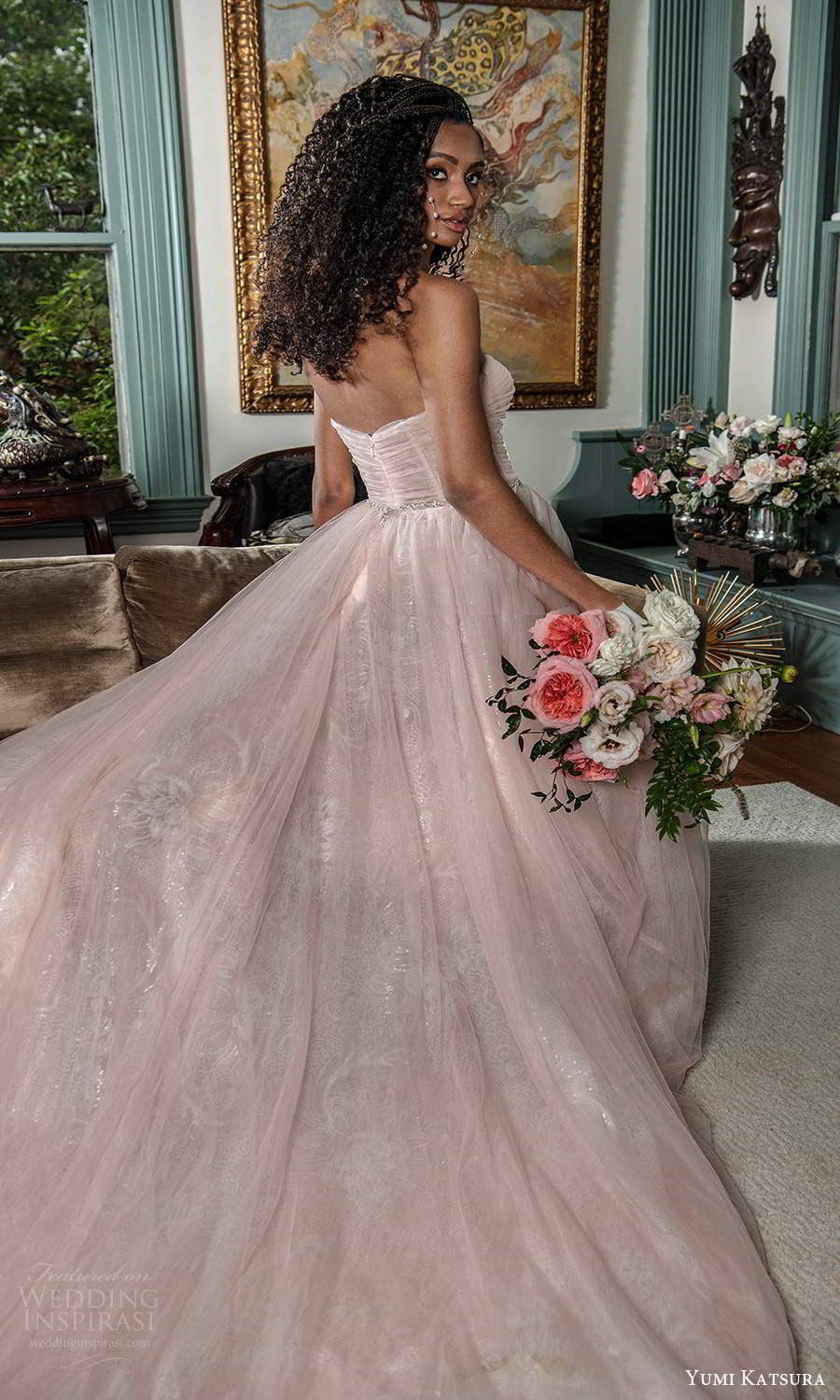 yumi katsura fall 2021 bridal strapless straight across neckline ruched bodice a line wedding dress pink blush (19) bv