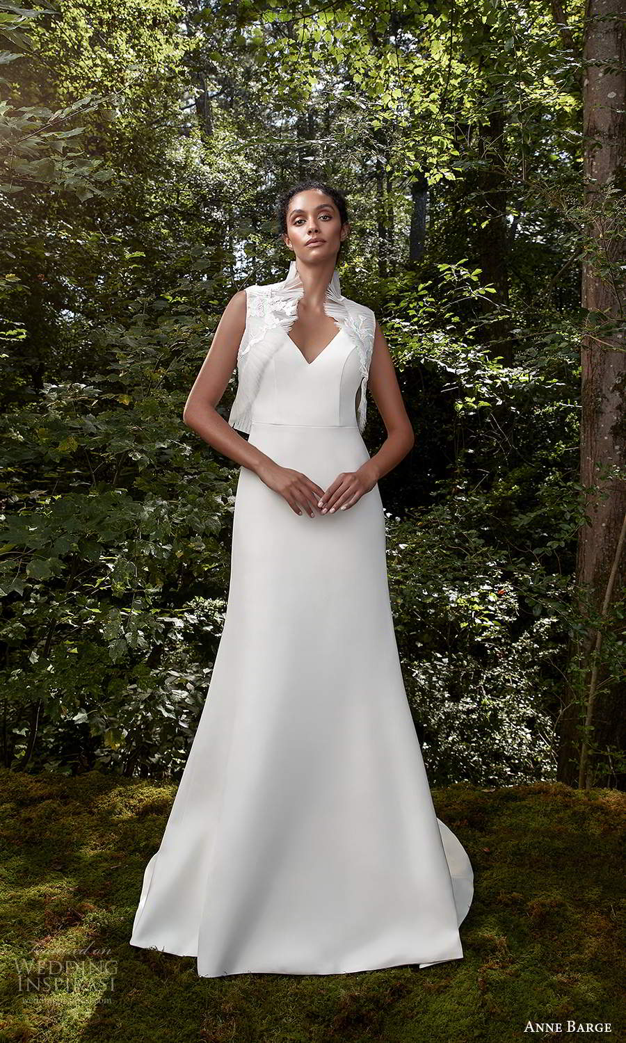 anne barge 2021 bridal sleeveless v neckline clean minimalist modified a line trumpet wedding dress sweep train lace topper (11) mv