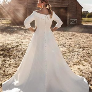 ariamo 2021 plus bridal 3 quarter sleeves off shoulder neckline clean minimalist a line ball gown wedding dress (13) bv