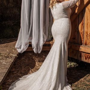 ariamo 2021 plus bridal bishop sleeves crossover v neckline embellished sheath wedding dress chapel train (13) bv