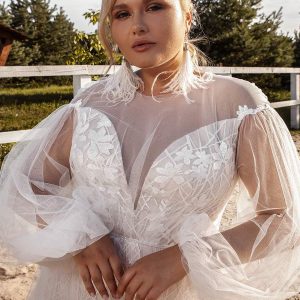 ariamo 2021 plus bridal bishop sleeves sheer jewel sweetheart neckline fully embelished lace a line ball gown wedding dress (16) zv