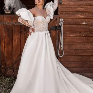 ariamo 2021 plus bridal detached long puff sleeves strapless sweetheart neckline embellished bodice a line ball gown wedding dress chapel train (3) mv