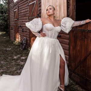 ariamo 2021 plus bridal detached puff sleeves strapless sweetheart neckline corset bodice a line ball gown wedding dress chapel train (10) mv