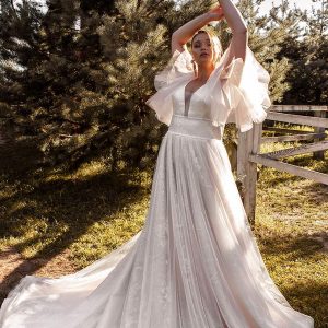 ariamo 2021 plus bridal flutter sleeves plunging v neckline embellished a line ball gown wedding dress chapel train (8) mv