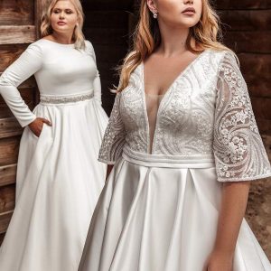ariamo 2021 plus bridal half sleeves plunging v necklnie embellished bodice clean skirt a line ball gown wedding dress chapel train (5) fv