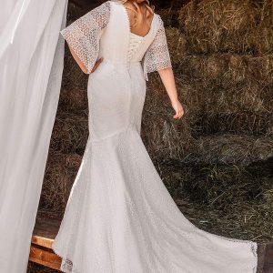 ariamo 2021 plus bridal half sleeves v neckline fully embellished fit flare wedding dress chapel train (9) bv