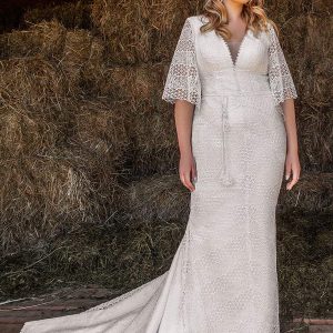 ariamo 2021 plus bridal half sleeves v neckline fully embellished fit flare wedding dress chapel train (9) mv